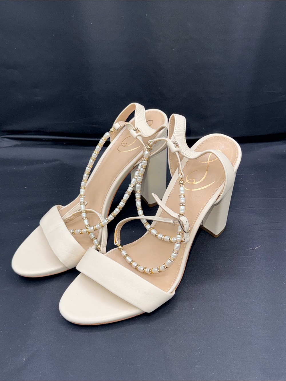 Sam Edelman Yanelli Pearl Ankle Strap Block Heel Sandal 9M Ivory Bridal Coquette - Picture 5 of 11